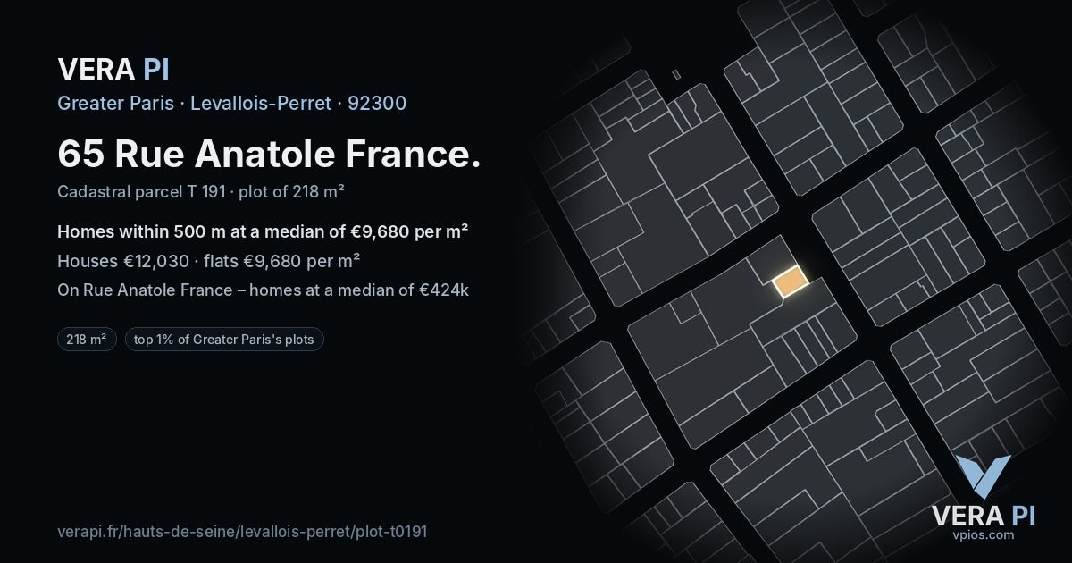 65 Rue Anatole France, Levallois-Perret at night – the plot lit, the parcels around coloured by the prices near them