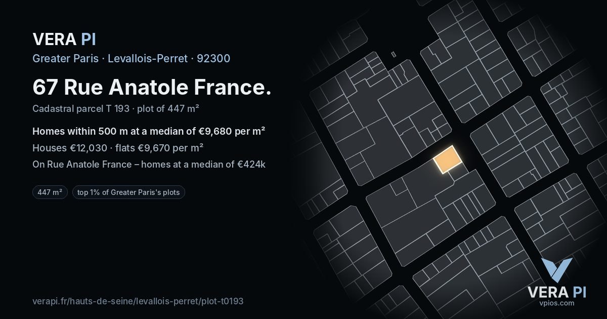 67 Rue Anatole France, Levallois-Perret at night – the plot lit, the parcels around coloured by the prices near them