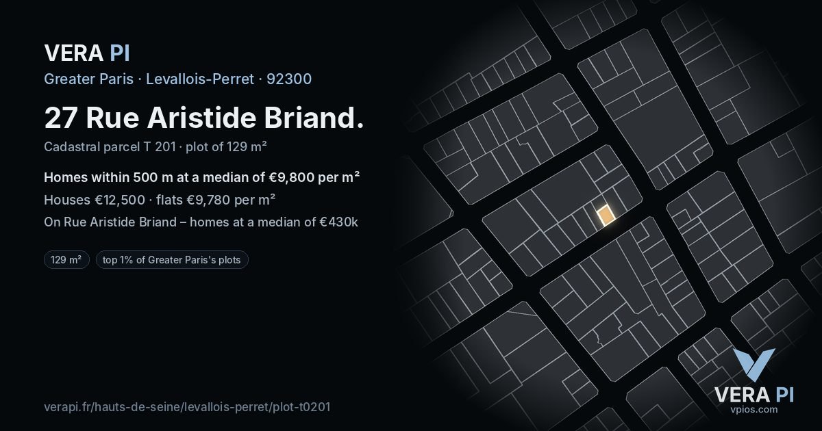 27 Rue Aristide Briand, Levallois-Perret at night – the plot lit, the parcels around coloured by the prices near them