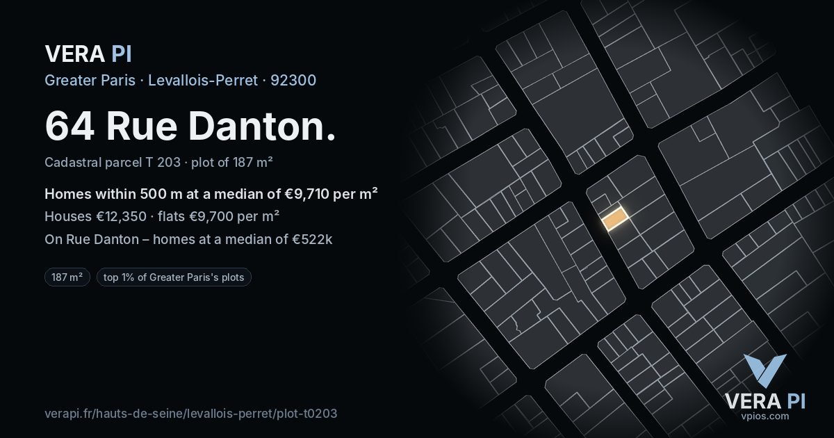 64 Rue Danton, Levallois-Perret at night – the plot lit, the parcels around coloured by the prices near them