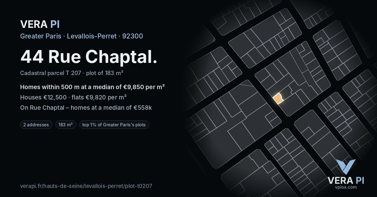 44 Rue Chaptal, Levallois-Perret at night – the plot lit, the parcels around coloured by the prices near them