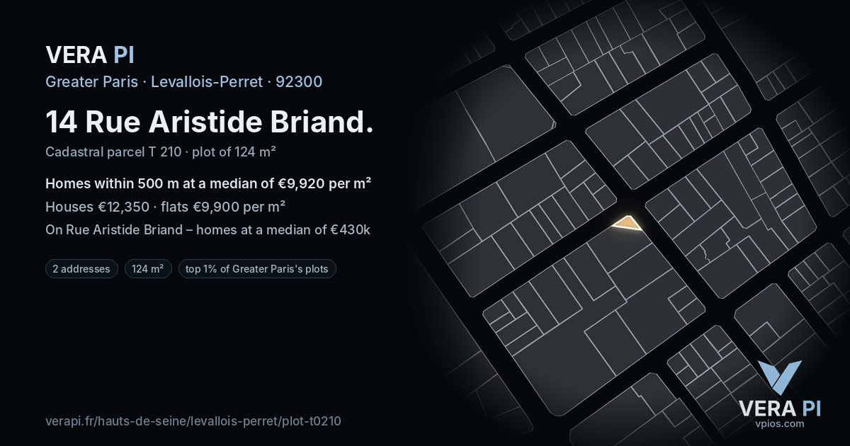 14 Rue Aristide Briand, Levallois-Perret at night – the plot lit, the parcels around coloured by the prices near them
