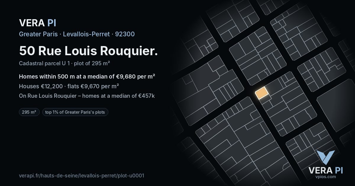 50 Rue Louis Rouquier, Levallois-Perret at night – the plot lit, the parcels around coloured by the prices near them