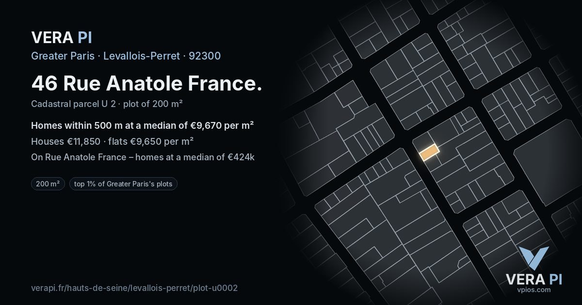 46 Rue Anatole France, Levallois-Perret at night – the plot lit, the parcels around coloured by the prices near them