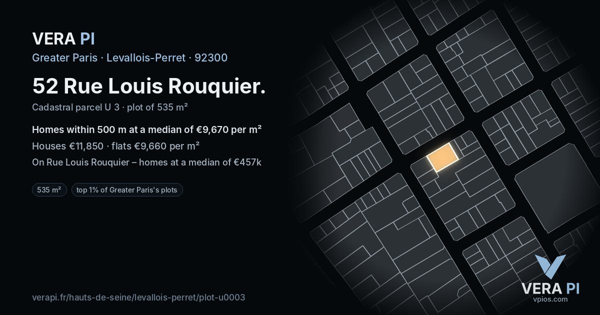 52 Rue Louis Rouquier, Levallois-Perret at night – the plot lit, the parcels around coloured by the prices near them