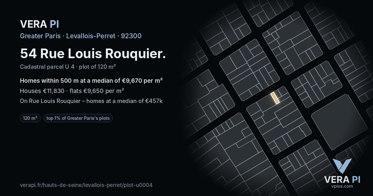 54 Rue Louis Rouquier, Levallois-Perret at night – the plot lit, the parcels around coloured by the prices near them