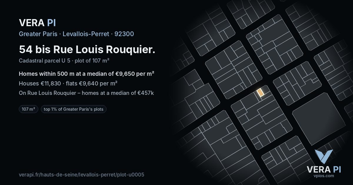 54 bis Rue Louis Rouquier, Levallois-Perret at night – the plot lit, the parcels around coloured by the prices near them