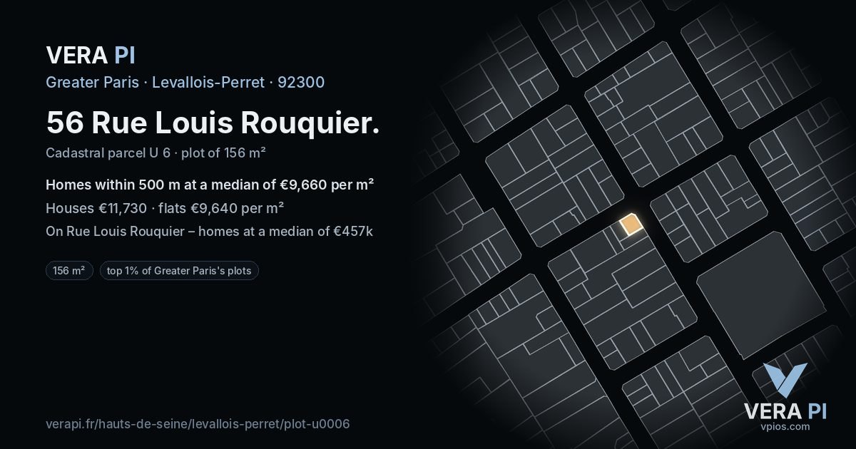 56 Rue Louis Rouquier, Levallois-Perret at night – the plot lit, the parcels around coloured by the prices near them