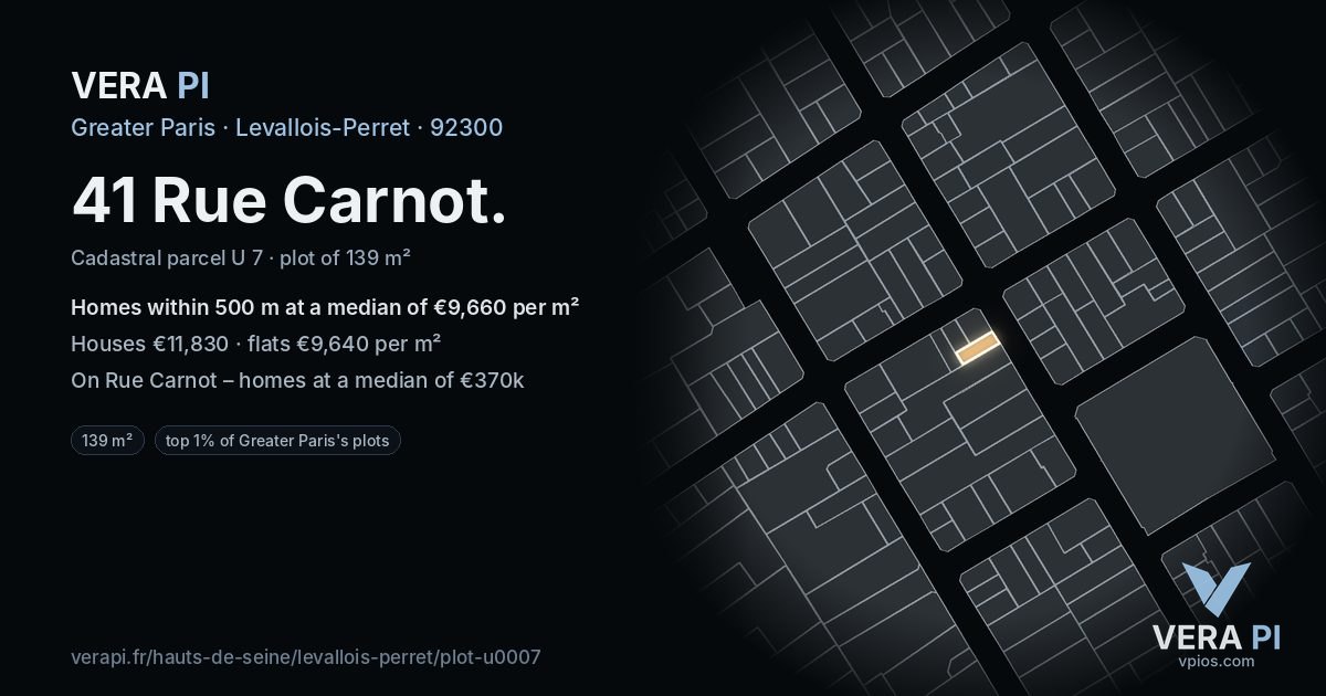 41 Rue Carnot, Levallois-Perret at night – the plot lit, the parcels around coloured by the prices near them