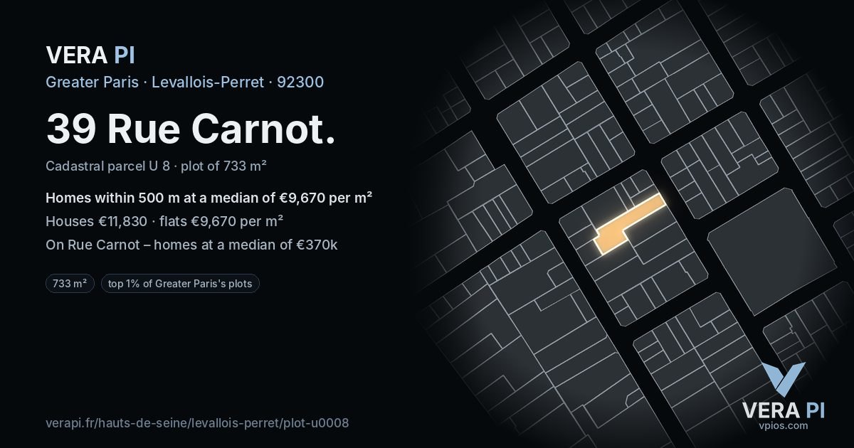 39 Rue Carnot, Levallois-Perret at night – the plot lit, the parcels around coloured by the prices near them