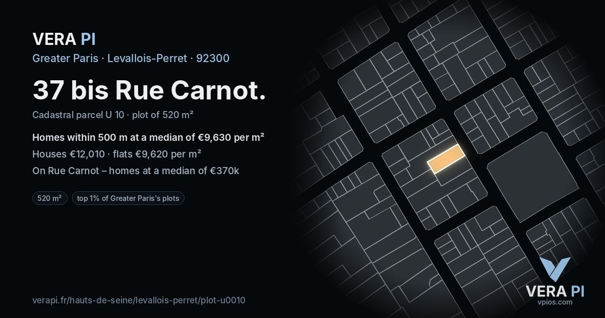 37 bis Rue Carnot, Levallois-Perret at night – the plot lit, the parcels around coloured by the prices near them