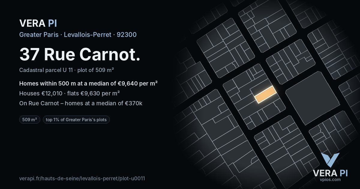 37 Rue Carnot, Levallois-Perret at night – the plot lit, the parcels around coloured by the prices near them