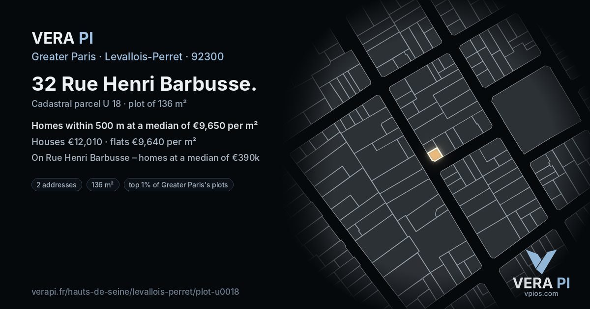 32 Rue Henri Barbusse, Levallois-Perret at night – the plot lit, the parcels around coloured by the prices near them