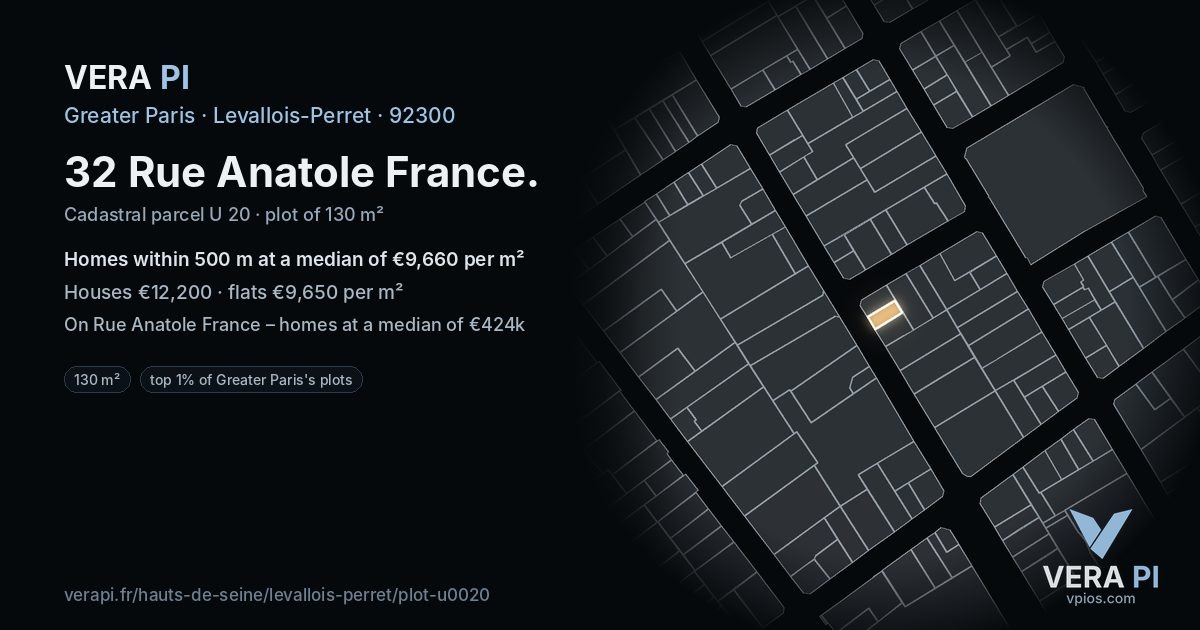 32 Rue Anatole France, Levallois-Perret at night – the plot lit, the parcels around coloured by the prices near them