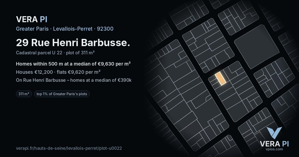 29 Rue Henri Barbusse, Levallois-Perret at night – the plot lit, the parcels around coloured by the prices near them