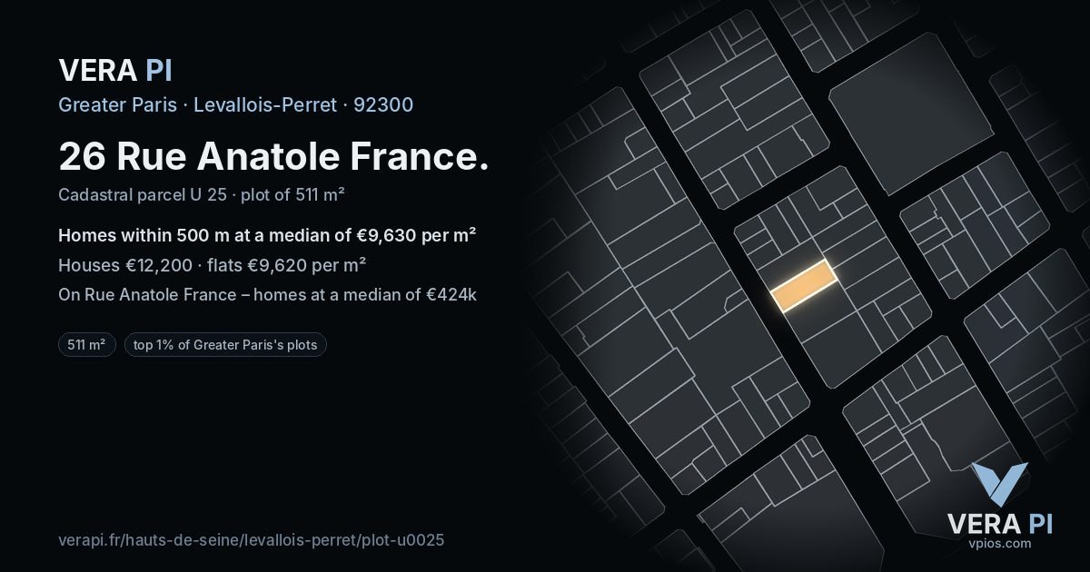 26 Rue Anatole France, Levallois-Perret at night – the plot lit, the parcels around coloured by the prices near them