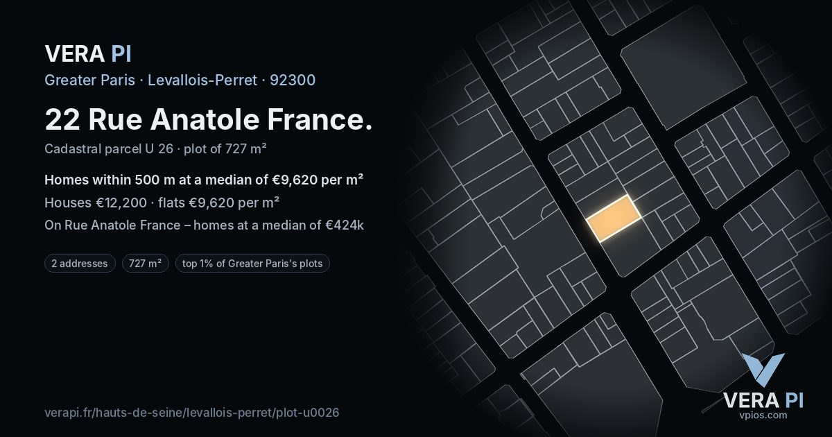 22 Rue Anatole France, Levallois-Perret at night – the plot lit, the parcels around coloured by the prices near them