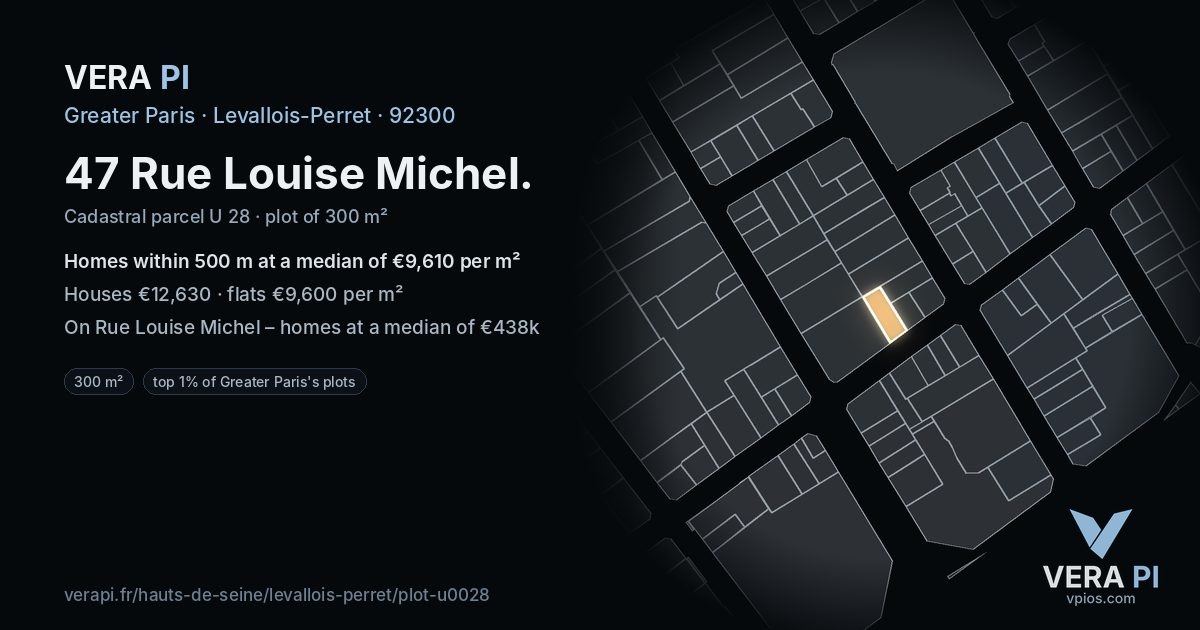 47 Rue Louise Michel, Levallois-Perret at night – the plot lit, the parcels around coloured by the prices near them