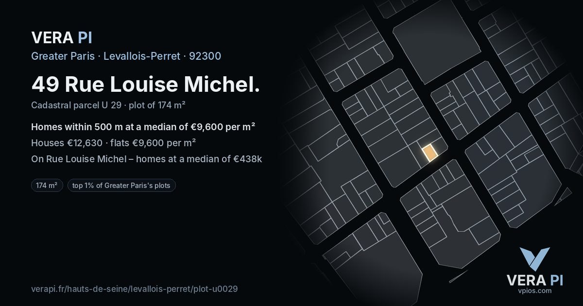 49 Rue Louise Michel, Levallois-Perret at night – the plot lit, the parcels around coloured by the prices near them