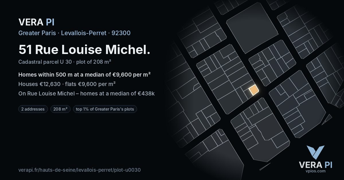 51 Rue Louise Michel, Levallois-Perret at night – the plot lit, the parcels around coloured by the prices near them