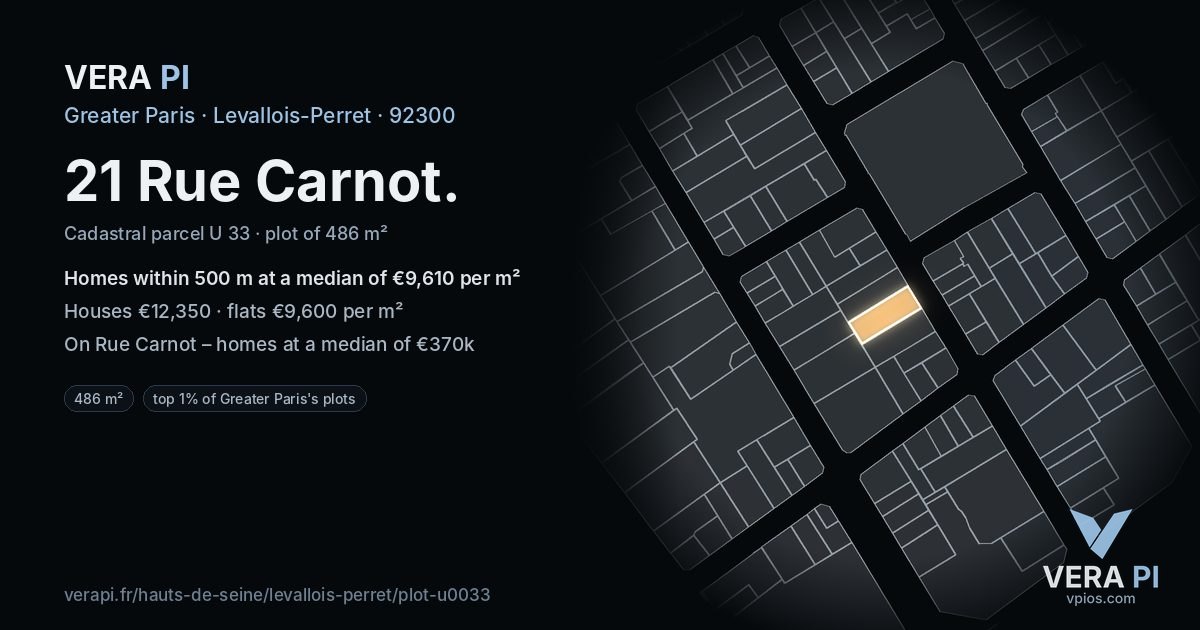 21 Rue Carnot, Levallois-Perret at night – the plot lit, the parcels around coloured by the prices near them