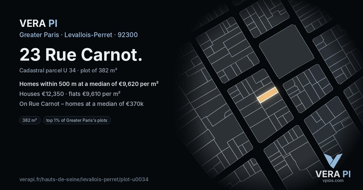 23 Rue Carnot, Levallois-Perret at night – the plot lit, the parcels around coloured by the prices near them