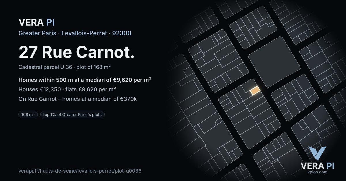 27 Rue Carnot, Levallois-Perret at night – the plot lit, the parcels around coloured by the prices near them