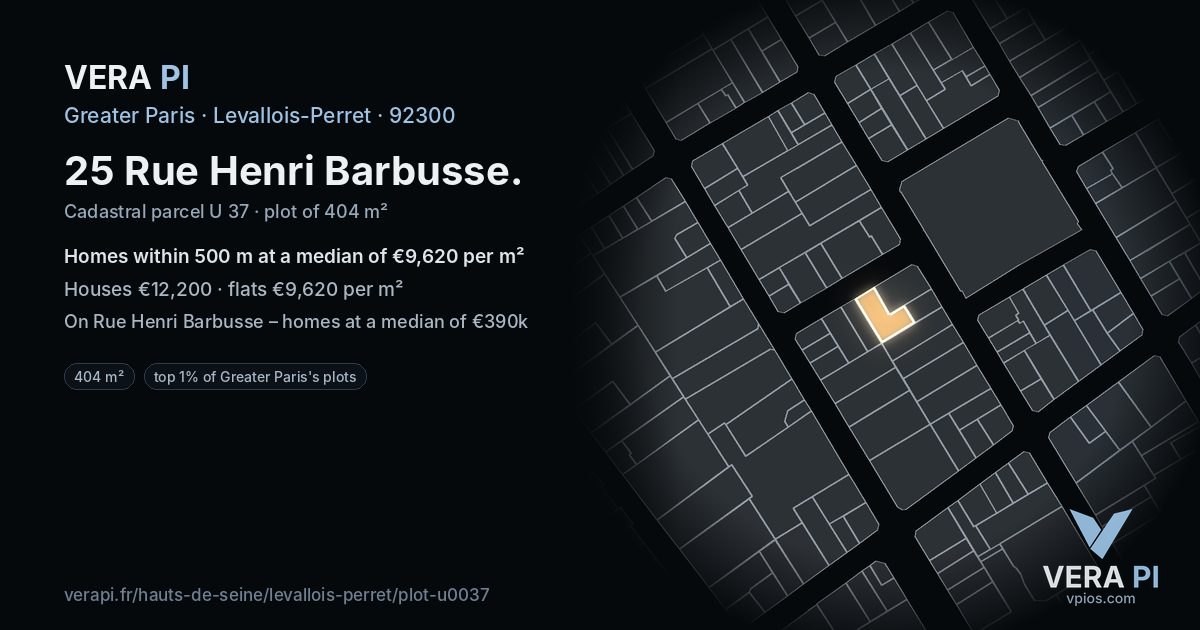 25 Rue Henri Barbusse, Levallois-Perret at night – the plot lit, the parcels around coloured by the prices near them