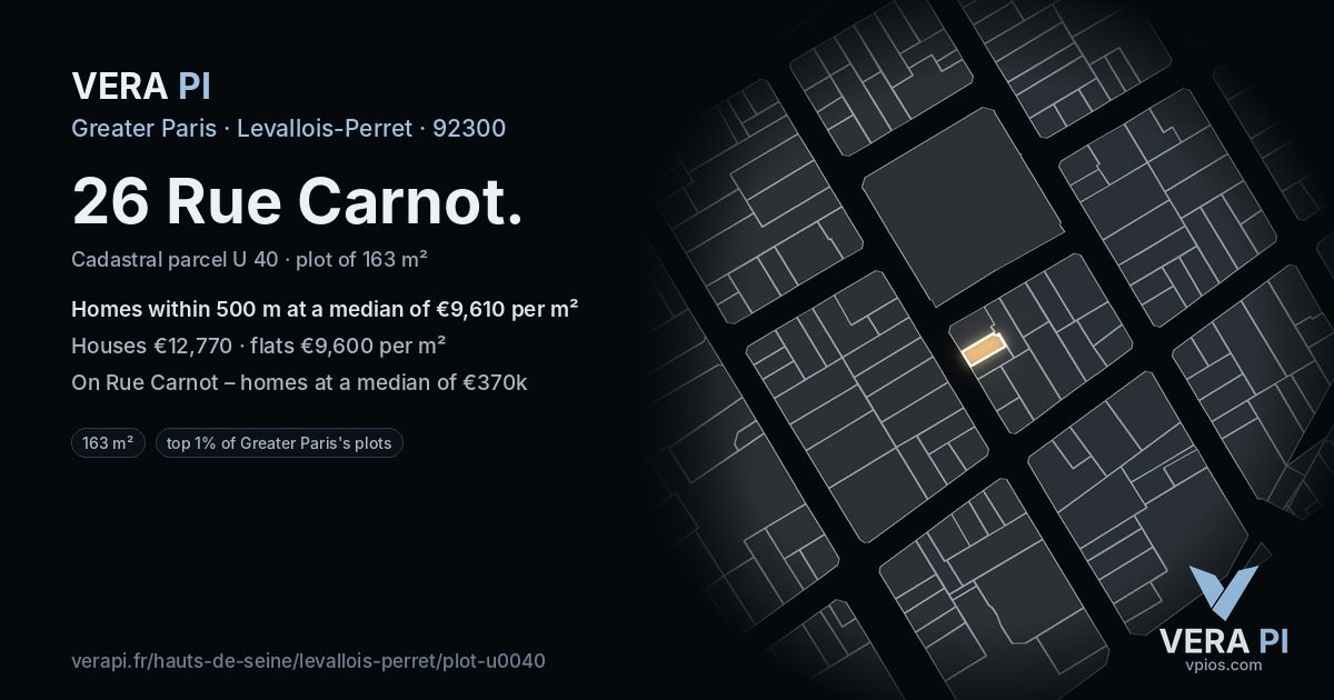 26 Rue Carnot, Levallois-Perret at night – the plot lit, the parcels around coloured by the prices near them