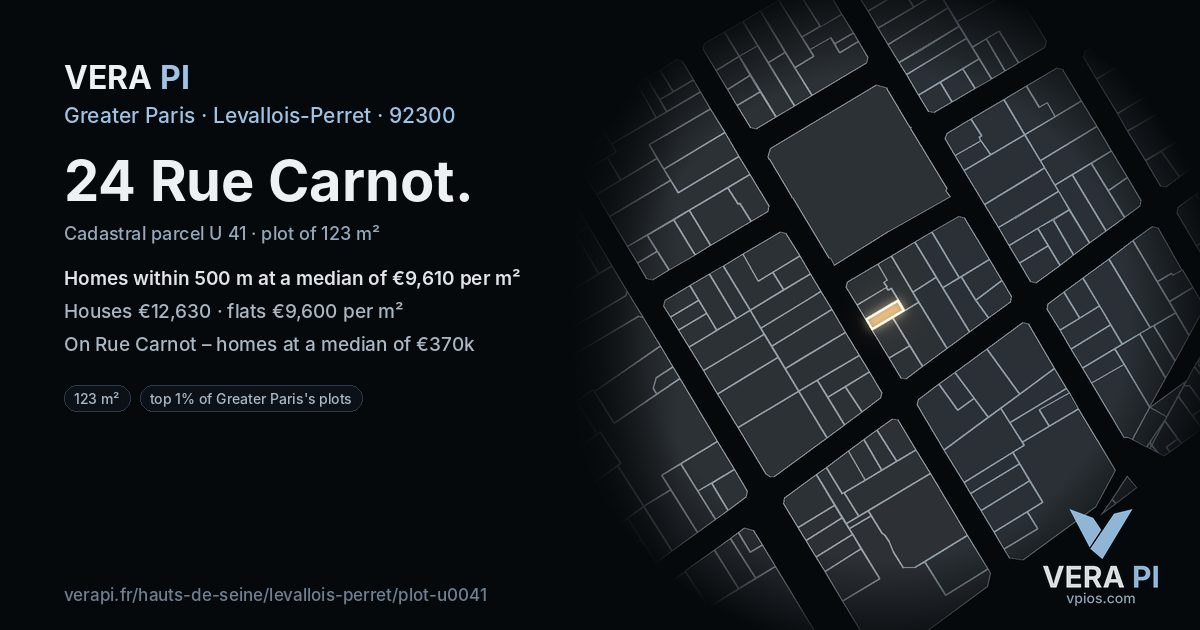 24 Rue Carnot, Levallois-Perret at night – the plot lit, the parcels around coloured by the prices near them