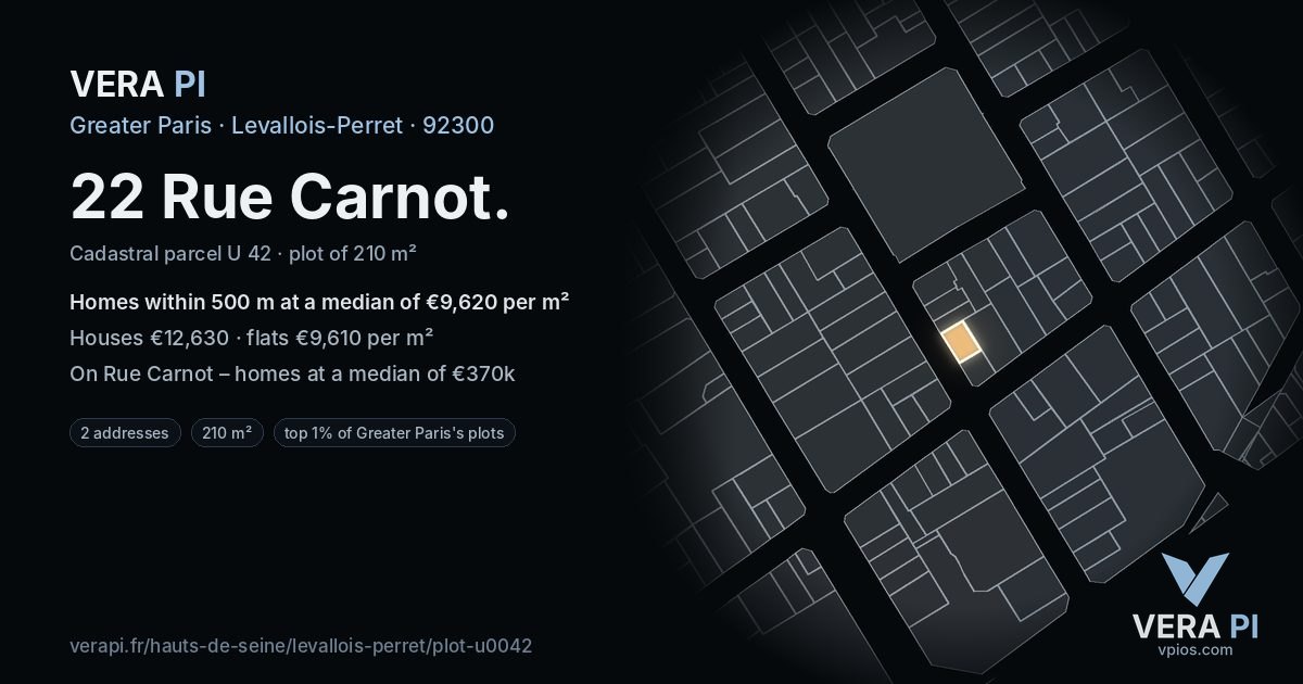 22 Rue Carnot, Levallois-Perret at night – the plot lit, the parcels around coloured by the prices near them