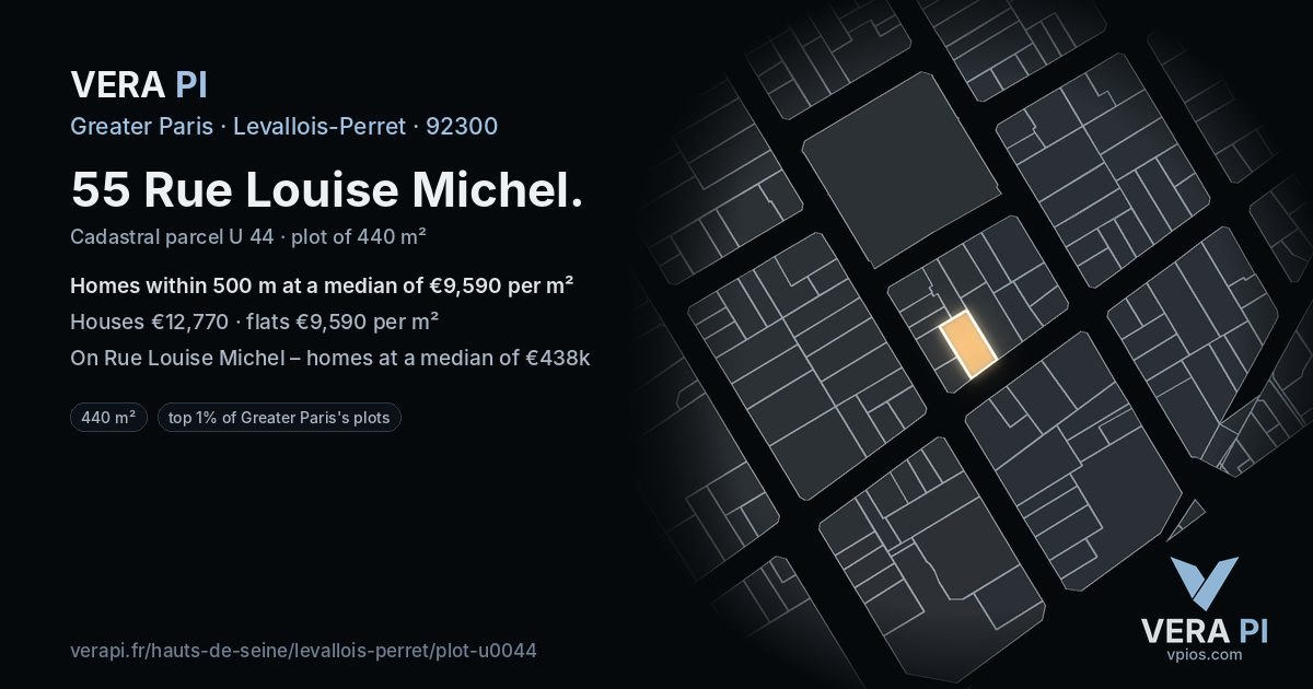 55 Rue Louise Michel, Levallois-Perret at night – the plot lit, the parcels around coloured by the prices near them