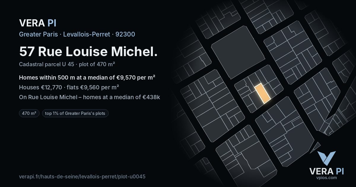 57 Rue Louise Michel, Levallois-Perret at night – the plot lit, the parcels around coloured by the prices near them
