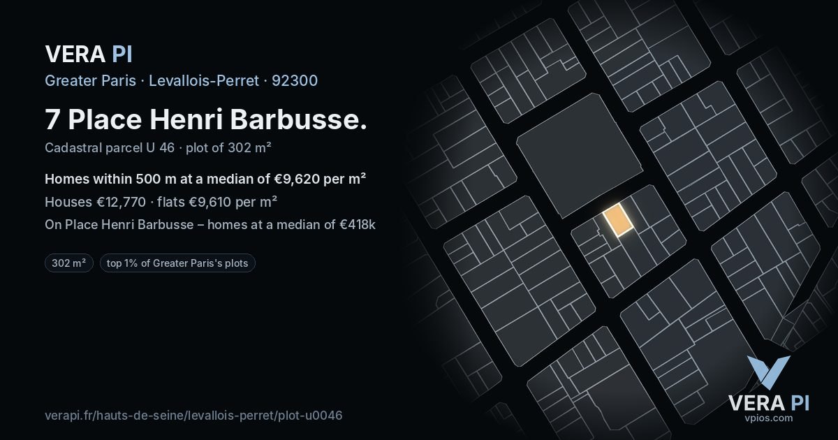 7 Place Henri Barbusse, Levallois-Perret at night – the plot lit, the parcels around coloured by the prices near them