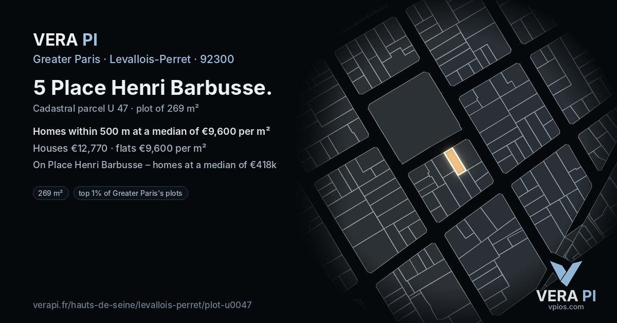 5 Place Henri Barbusse, Levallois-Perret at night – the plot lit, the parcels around coloured by the prices near them