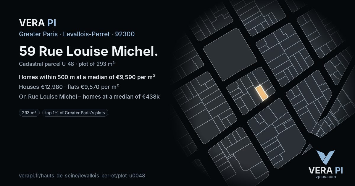 59 Rue Louise Michel, Levallois-Perret at night – the plot lit, the parcels around coloured by the prices near them