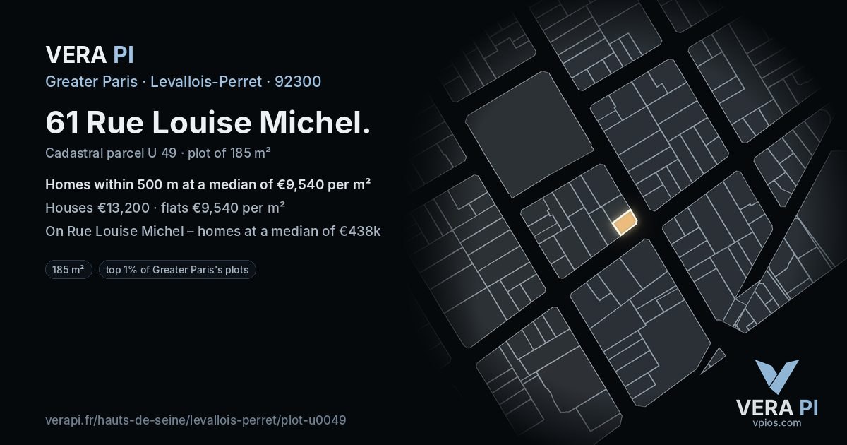 61 Rue Louise Michel, Levallois-Perret at night – the plot lit, the parcels around coloured by the prices near them
