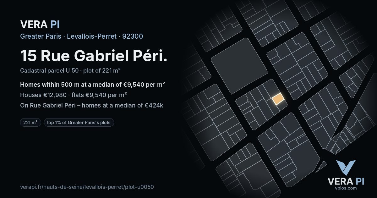 15 Rue Gabriel Péri, Levallois-Perret at night – the plot lit, the parcels around coloured by the prices near them