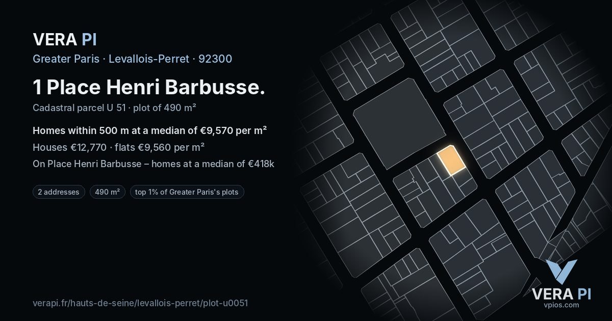 1 Place Henri Barbusse, Levallois-Perret at night – the plot lit, the parcels around coloured by the prices near them