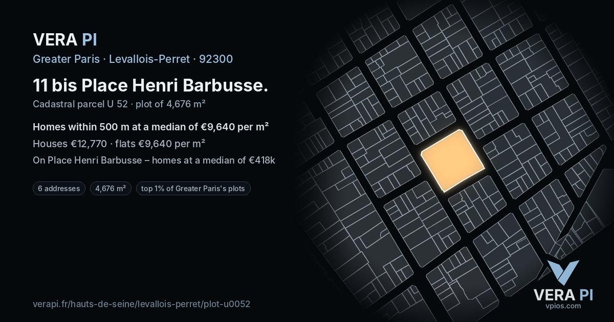 11 bis Place Henri Barbusse, Levallois-Perret at night – the plot lit, the parcels around coloured by the prices near them