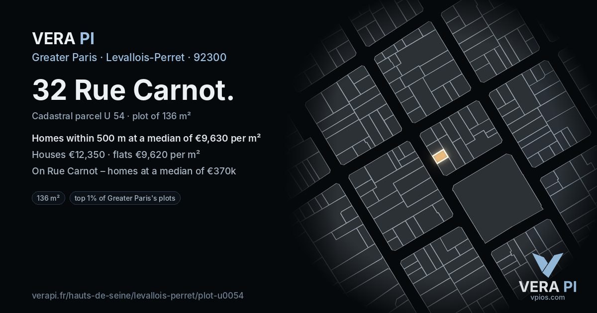 32 Rue Carnot, Levallois-Perret at night – the plot lit, the parcels around coloured by the prices near them