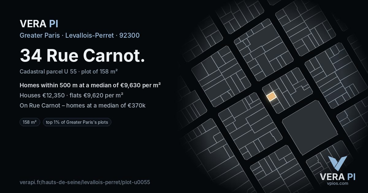 34 Rue Carnot, Levallois-Perret at night – the plot lit, the parcels around coloured by the prices near them