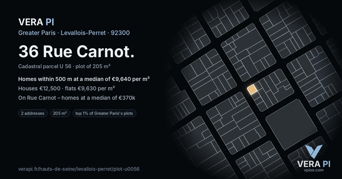 36 Rue Carnot, Levallois-Perret at night – the plot lit, the parcels around coloured by the prices near them