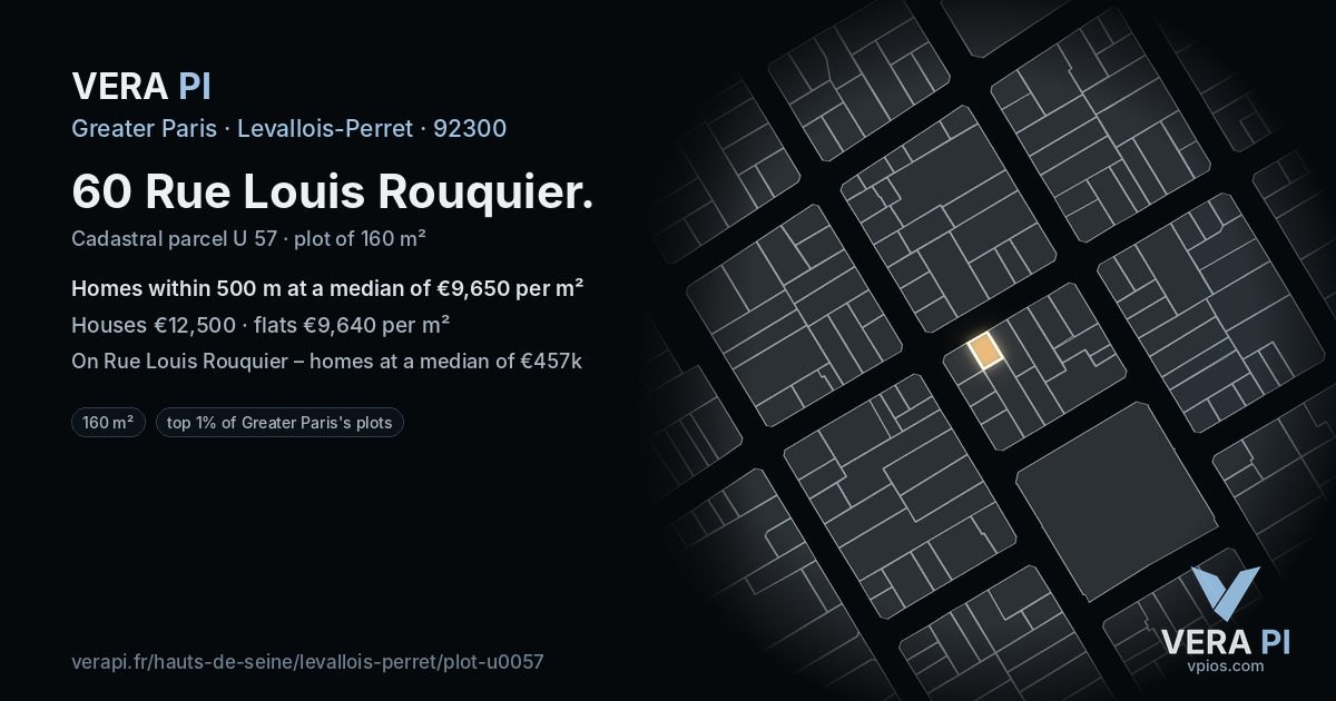 60 Rue Louis Rouquier, Levallois-Perret at night – the plot lit, the parcels around coloured by the prices near them