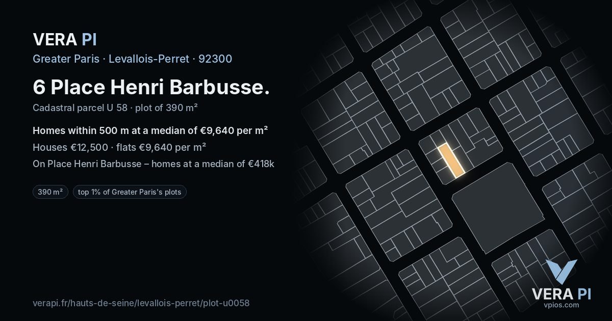 6 Place Henri Barbusse, Levallois-Perret at night – the plot lit, the parcels around coloured by the prices near them