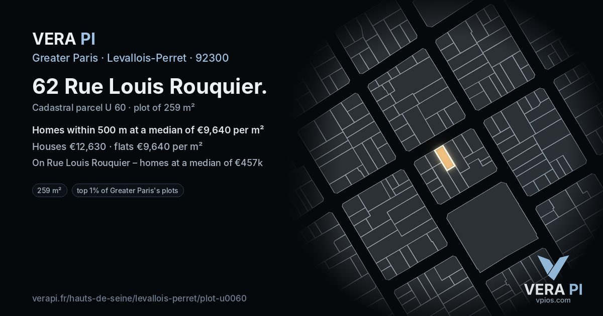 62 Rue Louis Rouquier, Levallois-Perret at night – the plot lit, the parcels around coloured by the prices near them