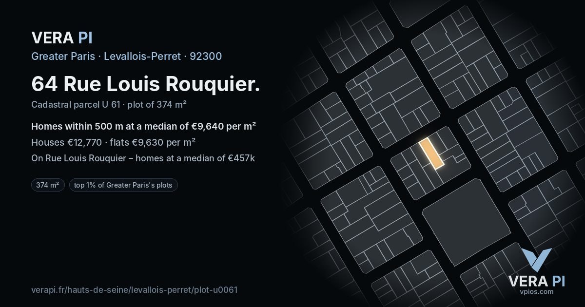 64 Rue Louis Rouquier, Levallois-Perret at night – the plot lit, the parcels around coloured by the prices near them