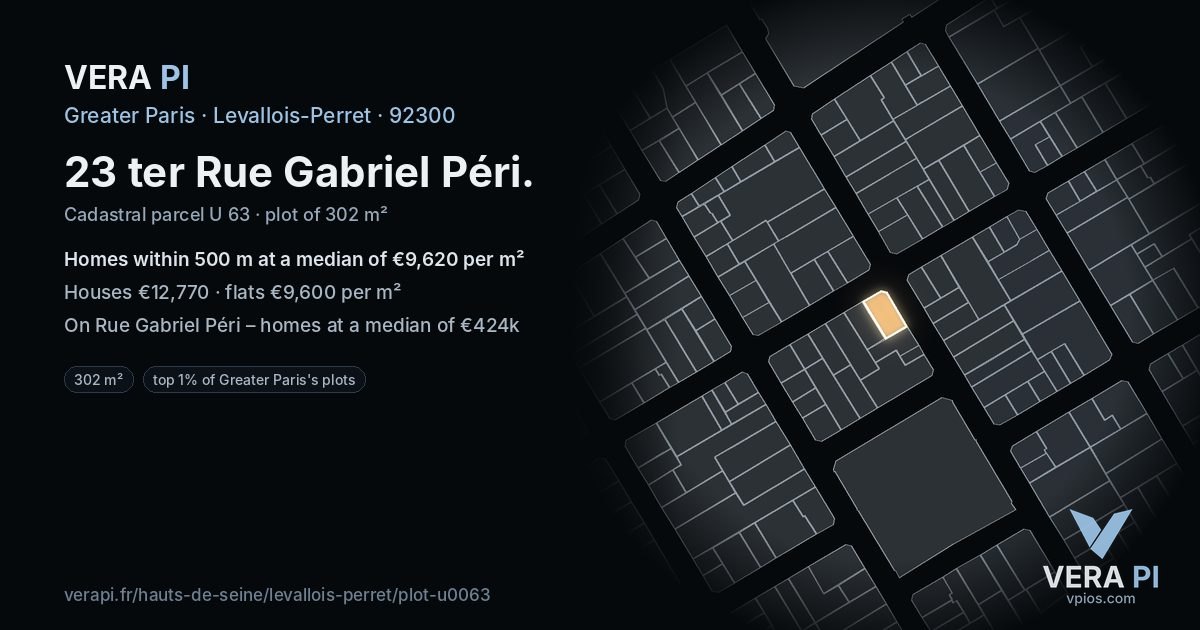 23 ter Rue Gabriel Péri, Levallois-Perret at night – the plot lit, the parcels around coloured by the prices near them
