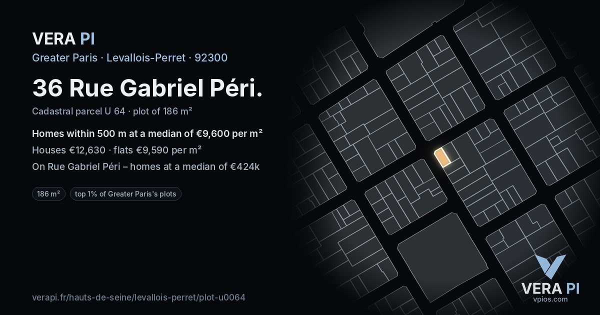 36 Rue Gabriel Péri, Levallois-Perret at night – the plot lit, the parcels around coloured by the prices near them