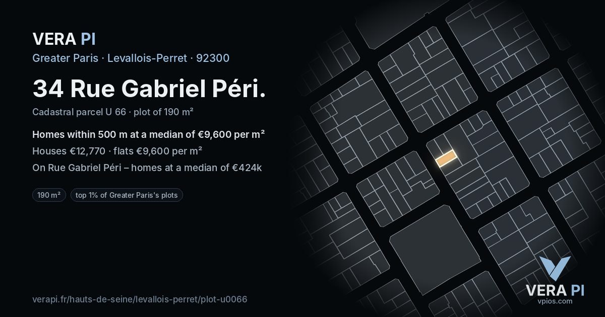34 Rue Gabriel Péri, Levallois-Perret at night – the plot lit, the parcels around coloured by the prices near them